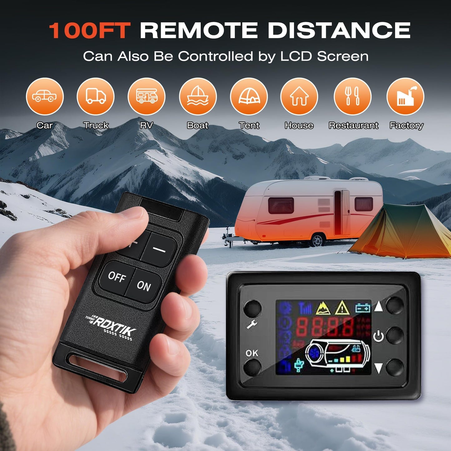 RDXTIK 9L Diesel Heater, 8KW 12V/24V/110V/240V All in One Diesel Heater with LCD Switch, Remote Control, Muffler for Truck, RV, Home, Car, Campers, Boat, Orange