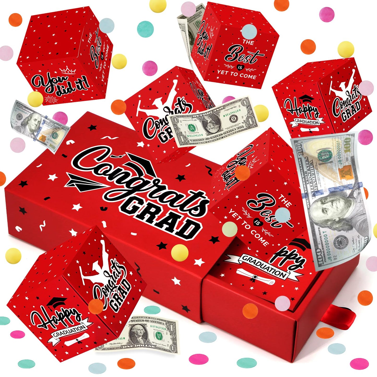 WenmthG 2026 Graduation Surprise Gift Box Explosion for Money - 10 Pcs Grad Pop Out Folding Bounce Money Gift Box with Confetti - Cash Gift Idea for Grad - Graduation Money Bank Party Supply (Red)