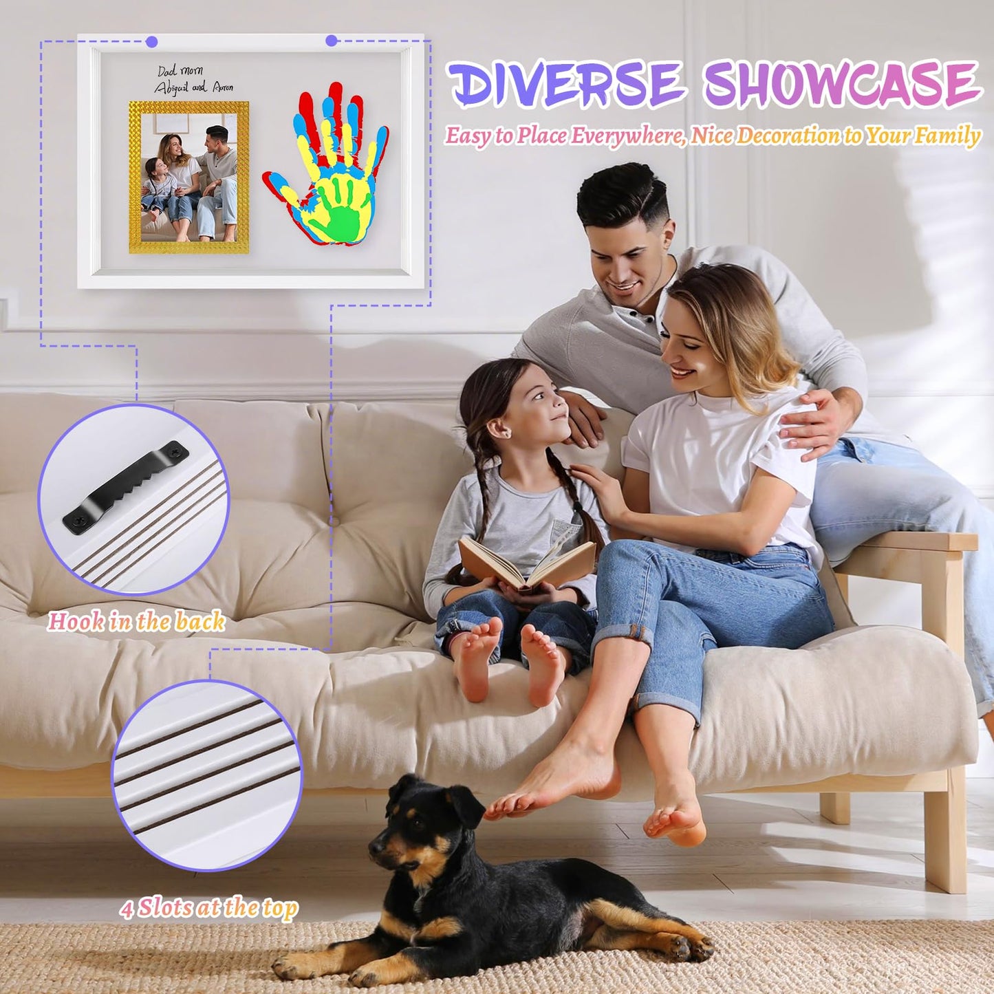 Family Handprint Keepsake Frame Kit with Photo Display – DIY 3D Floating Layered Design for Mom, Dad and Baby – Safe Non-Toxic Paint Set for Footprints – Perfect Baby Shower Gifts, New Parents Couples Keepsake, Home Decor 13.1x9.6 Inch (White)