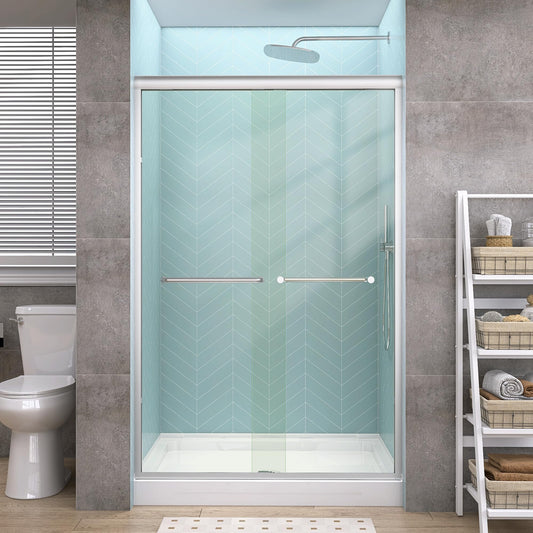 GETPRO Shower Door Sliding 44-48 in. W x 72 in. H Semi-Frameless Bypasss Double Sliding Doors for Shower,1/4 inch Clear Tempered Walk-in Shower Glass Door Brushed Nickel