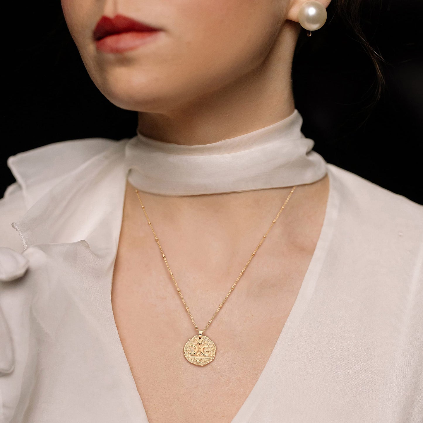 CANEVINKA 18K Gold Plated Moon and Star Medallion Beach Starfish Pendant Necklace for Women Dainty Hammered Coin Bead Chain Necklace 20”