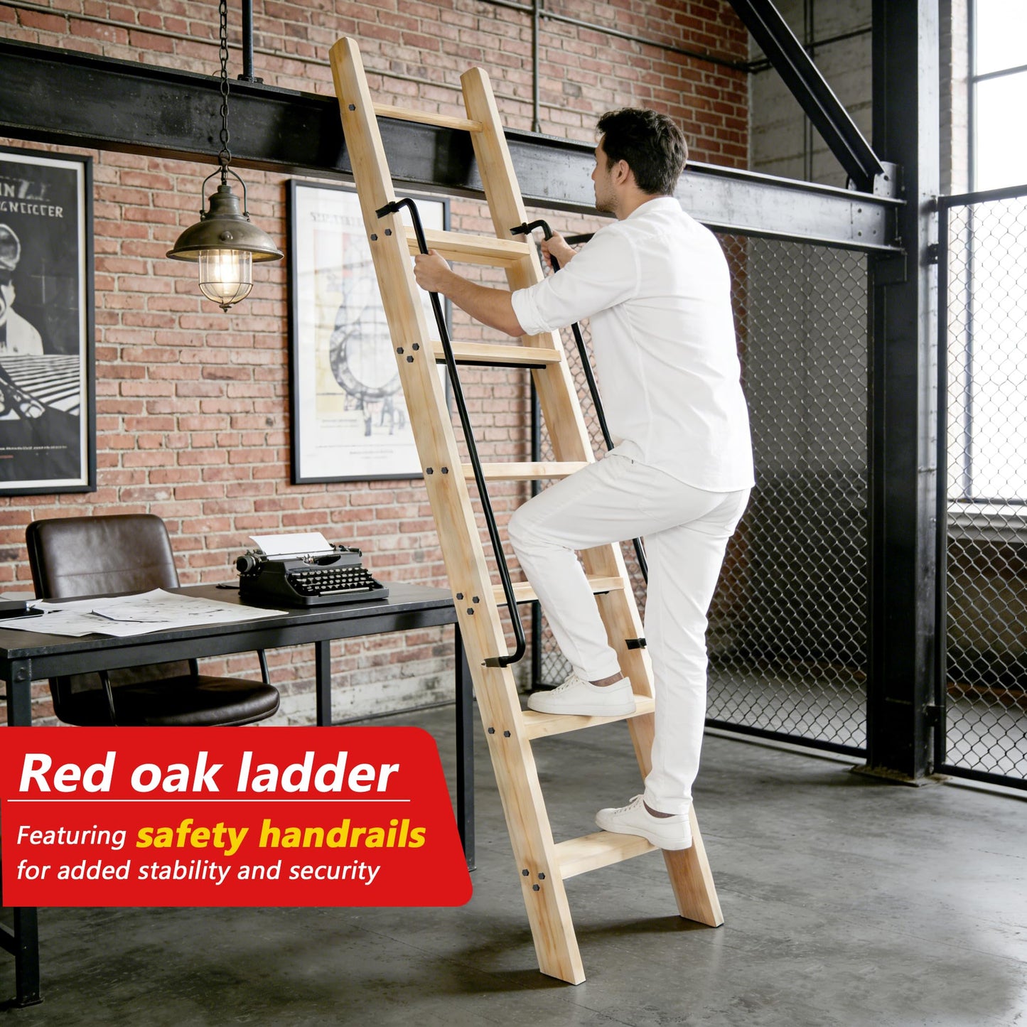 104RDHOUSE 87in Attic Rolling Library Ladder, 7 Step Wooden Ladder with,Loft Ladder Bookshelf,Wall Stairs Red Oak Stair Platform Bunkbed Ladder,for Home Kitchen,Warehouses,Bookstore,DIY Stain