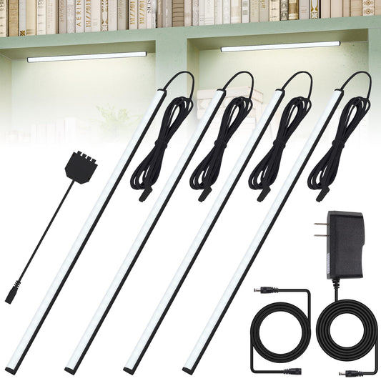 Black Shell Display Cabinet Lights, Under Shelf Lighting with Memory Function, 2 Sets of 4x12 Inch Plug-in Bookshelf Lighting, LED Cabinet Lights for Display Case/Pantry/Closet/Safe, Cold White 6000K