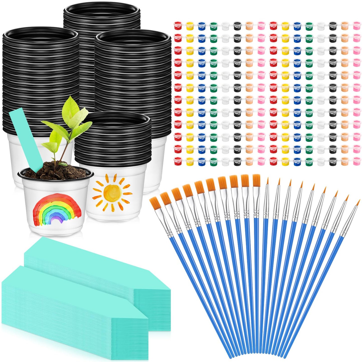 FillTouch 175 Pcs Mini Acrylic Paint Set for Gardening 50 Plastic Plant Pot Craft with Holes 25 Set Paint Strip with Brushes 100 Green Plant Label Your Own Pot for Gardening Activity