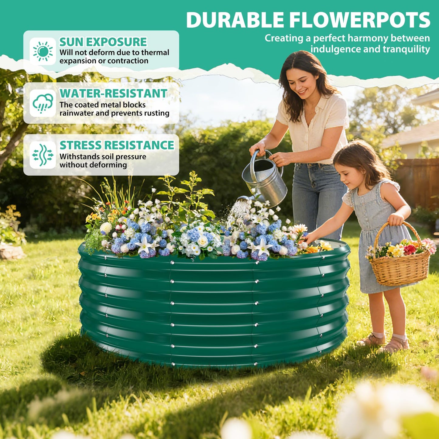 YSEJOMP 17" Tall Round Outdoor Garden Raised Garden Bed Kits-0.8MM Thick Metal Raised Planter Bed/Ground Planter Box for Variety of Flowers,Herbs,Vegetables,Trees (Dark Green, 48 Dia X 16.5inches)