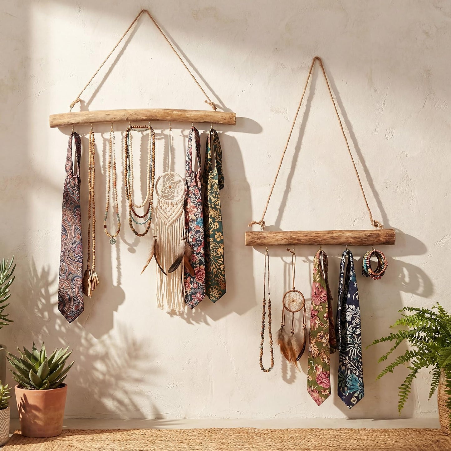 Yinkin 2 Pcs Natural Driftwood Jewelry Hanger Wall Driftwood for Crafts with Hooks 15.75 Inch 9.84 Inch Boho Wall Jewelry Shelf for Home Walls Shop Window Display