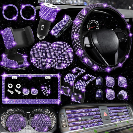 NBTEPEM 27 PCs Bling Car Accessories Set for Women, Steering Wheel Covers Universal Fit 15 Inch, License Plate Frame, Phone Holder, Bling Car Coasters (Silver Diamond)