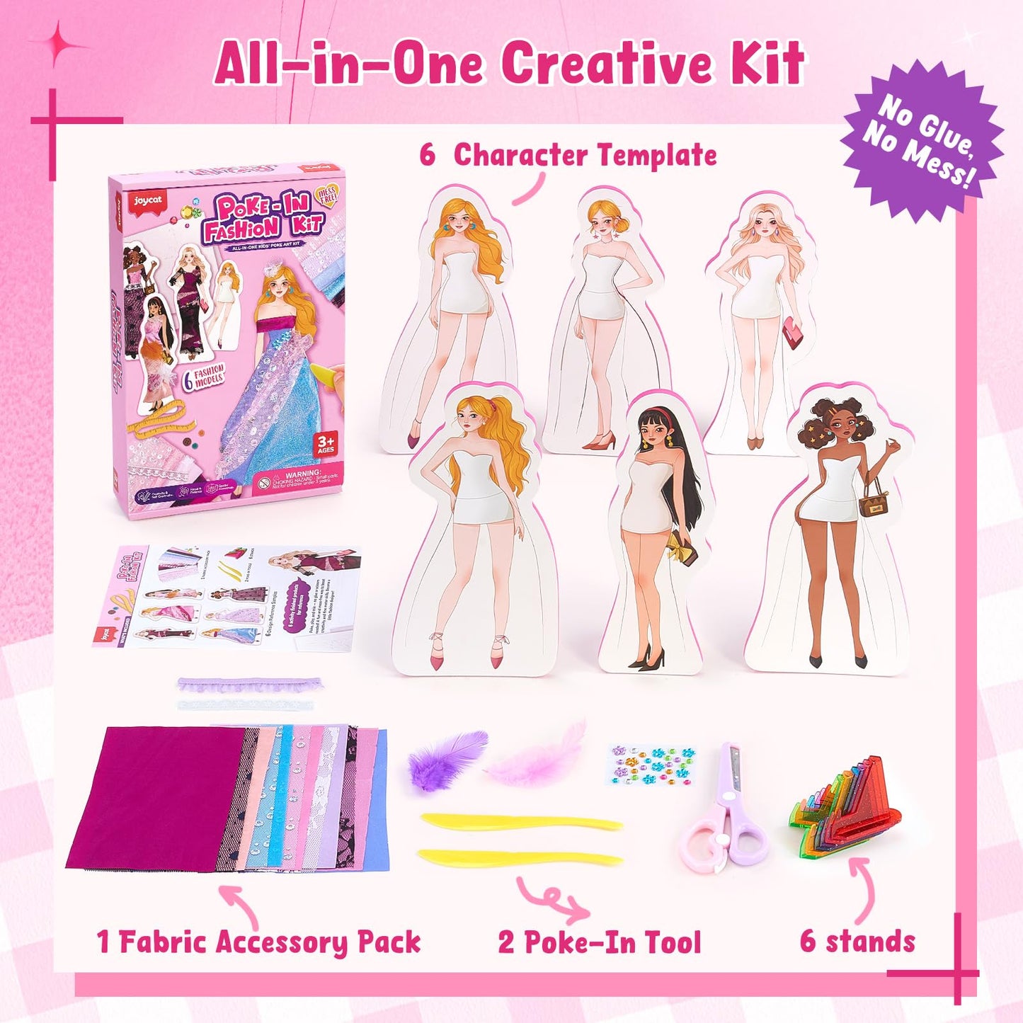 Poke-in Fashion Designer Kit for Girls, No-Sew DIY Craft Toys with 6 EVA Mannequins & Real Fabric, Safe & Non-Toxic Creative Dress Up Activity, Mess-Free Arts and Crafts Gift for Girls Age 5-12