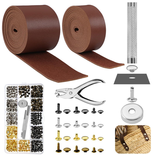 363 Pcs Faux Leather for Crafts Kit 140 Inches Leather Straps Flat with Wide 360 Rivets and 1 Double Rivet Tubular Setting Tool for DIY Bags Craft Repairs Decoration(Red Brown,1inch 2 Inch)
