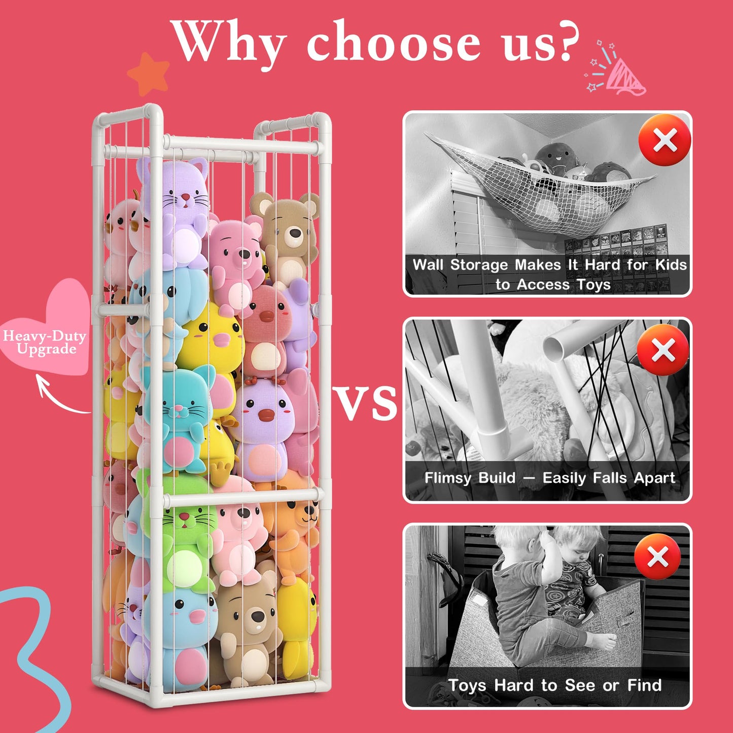 Zoxkoy Stuffed Animal Zoo for Bedroom - Holds 150+ Plushies | 45lb Load Heavy Duty Toy Storage | 10-Min Tool-Free Setup - 95% Space Saved Organizer for Nursery Playroom - Say Goodbye to Floor Mess
