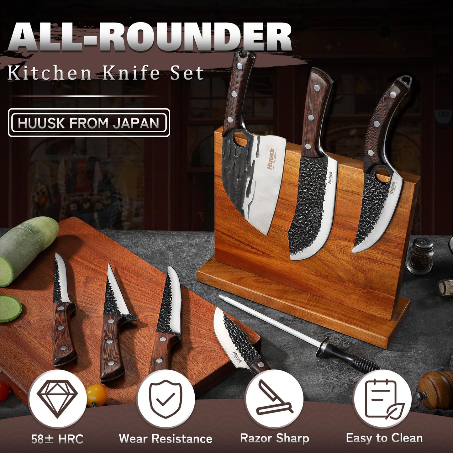 Huusk Butcher Knife Set for Meat Cutting 10pcs Viking Kitchen Serbian Chef Knife with Roll Bag Hand Forged Brisket Knives Meat Cleaver for Men Gift BBQ Outdoor Camping