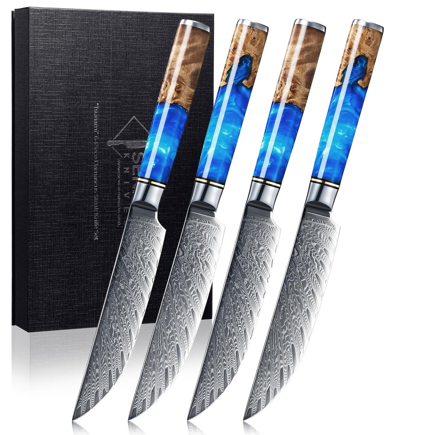 SENKEN Damascus Steak Knife Set - Tsunami Collection - 67-Layer Japanese VG10 Steel - Razor Sharp Non-Serrated Blades, Blue Resin & Natural Wood Pattern Handles, Luxury Gift Box (4 Steak Knife Set)