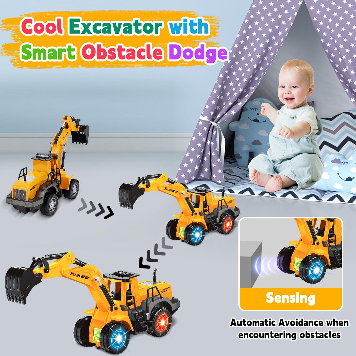Car Toys for Toddlers, Excavator Toy with 2 Flashing Lights Music, Toy Trucks Construction Vehicle with 1 Moving Arm, Baby Toys for 3 4 5 6 Year Old Boys, Kids Valentine's Day Easter Birthday Gifts