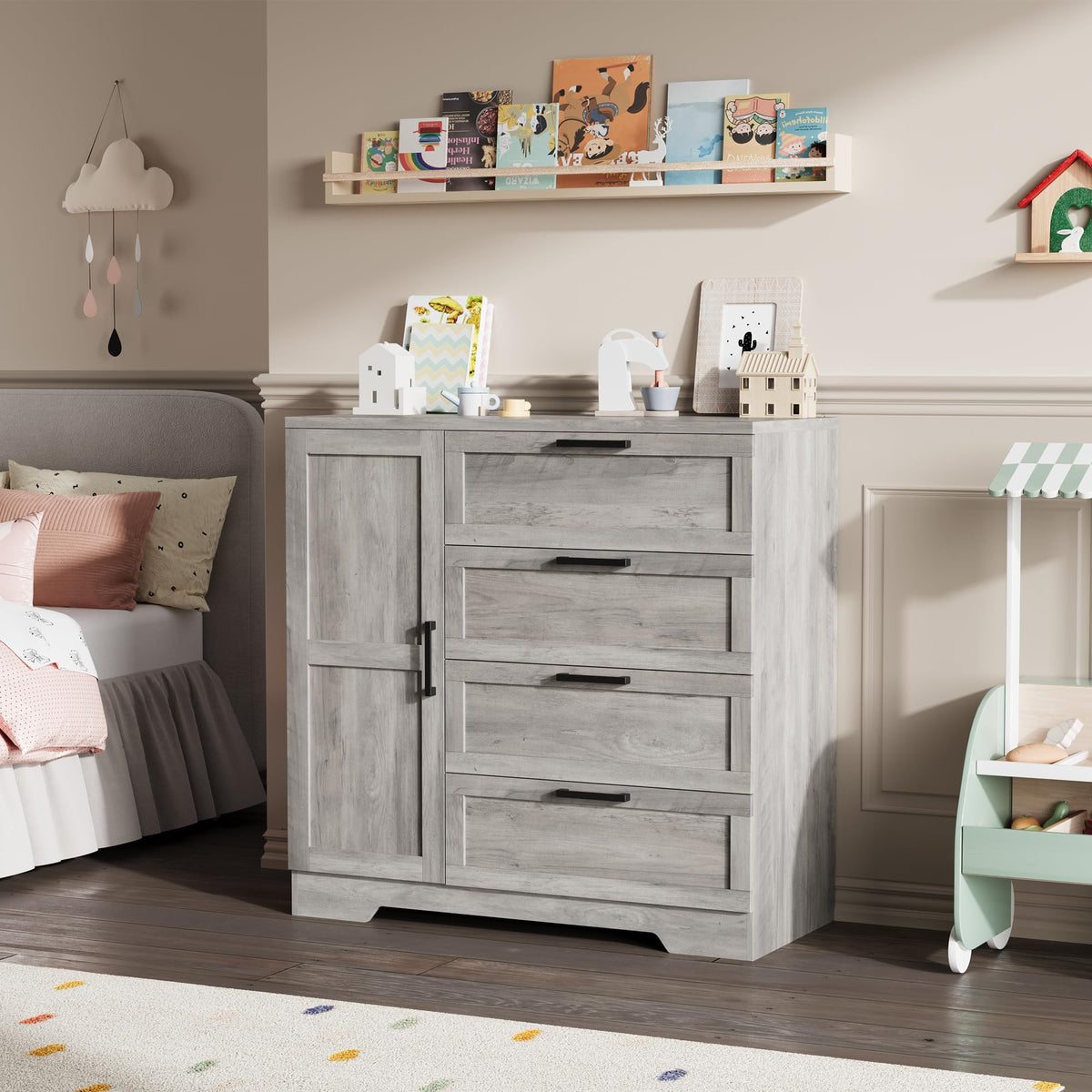 GarveeHome Wood Armoire Wardrobe Closet with 4 Drawers and Door, 43.3 in H Bedroom Wardrobe Cabinet with Hanging Rod, Clothing Storage Cabinets, 4 Drawers Dresser with Storage Closet, Gray