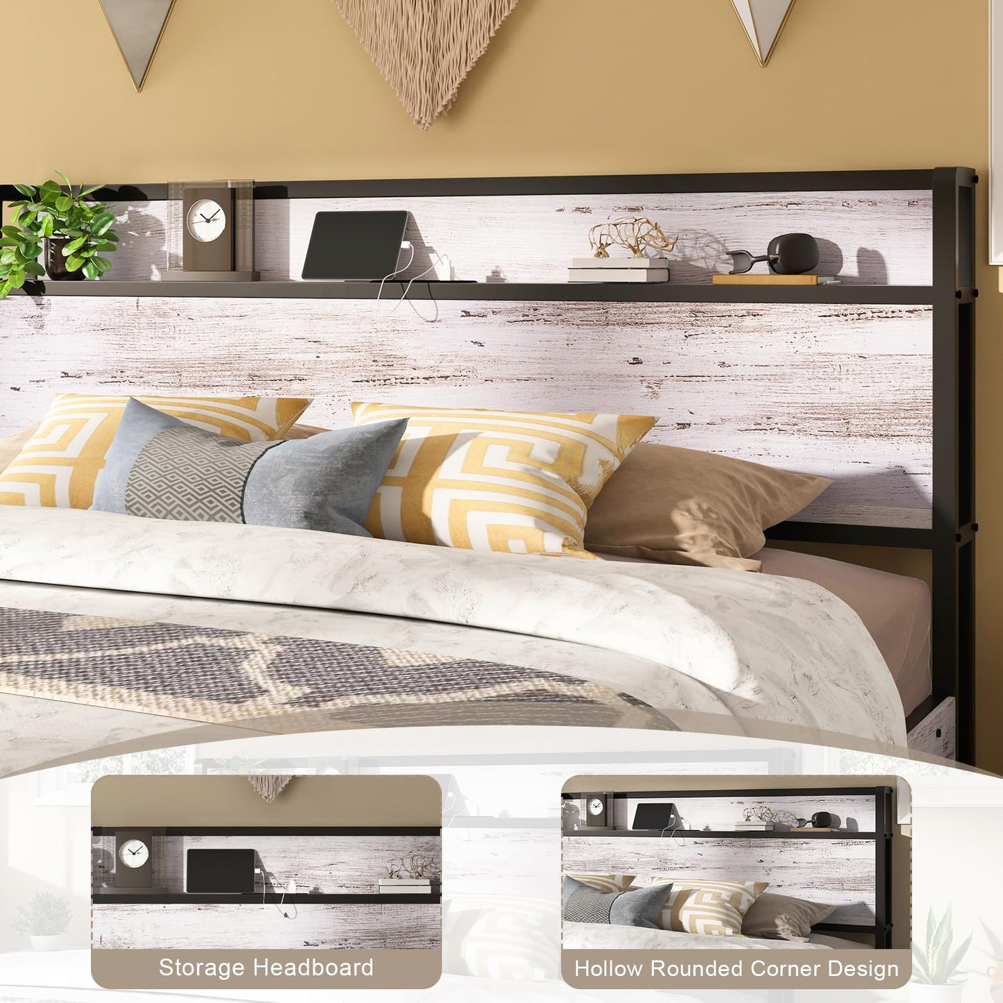 AMERLIFE King Size Lift Up Storage Bed Frame, Wooden Platform Bed Frame with Lifting Storage & Charging Station, No Spring Box Needed/Noise Free, White Birch