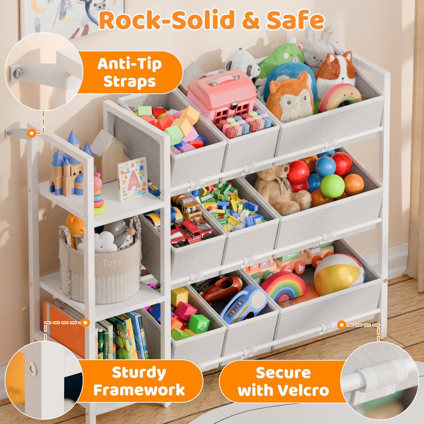 CODACE Kids Toy Organizers and Storage - Toy Shelf for Playroom， Kids Room and Living Room Organization, Toddler Toy Bins for Kids Organizer，Kids Bookshelf and Toy Storage, White, Easy to Assemble