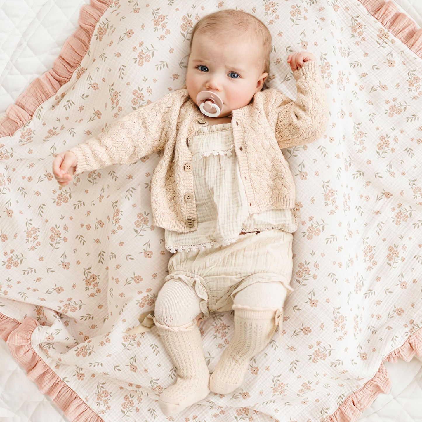 Konssy Flounce Muslin Baby Blanket for Girls Boys, 100% Cotton Soft Crib Swaddle Blankets, Reversible & Breathable Nursery Bedding for Newborns Toddlers, 40 x 36 Inches (Blossom)