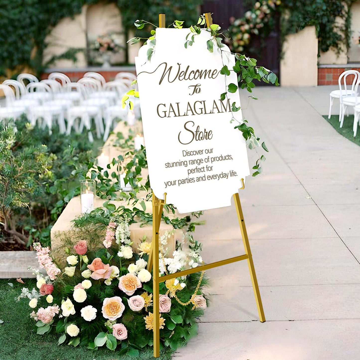 GALAGLAM Easel Stand for Signs, 57" Gold Easel Adjustable 4 Tier Floor with Chain Support, Metal Easels for Painting, Display Stand for Wedding Baby Showers Birthday Parties