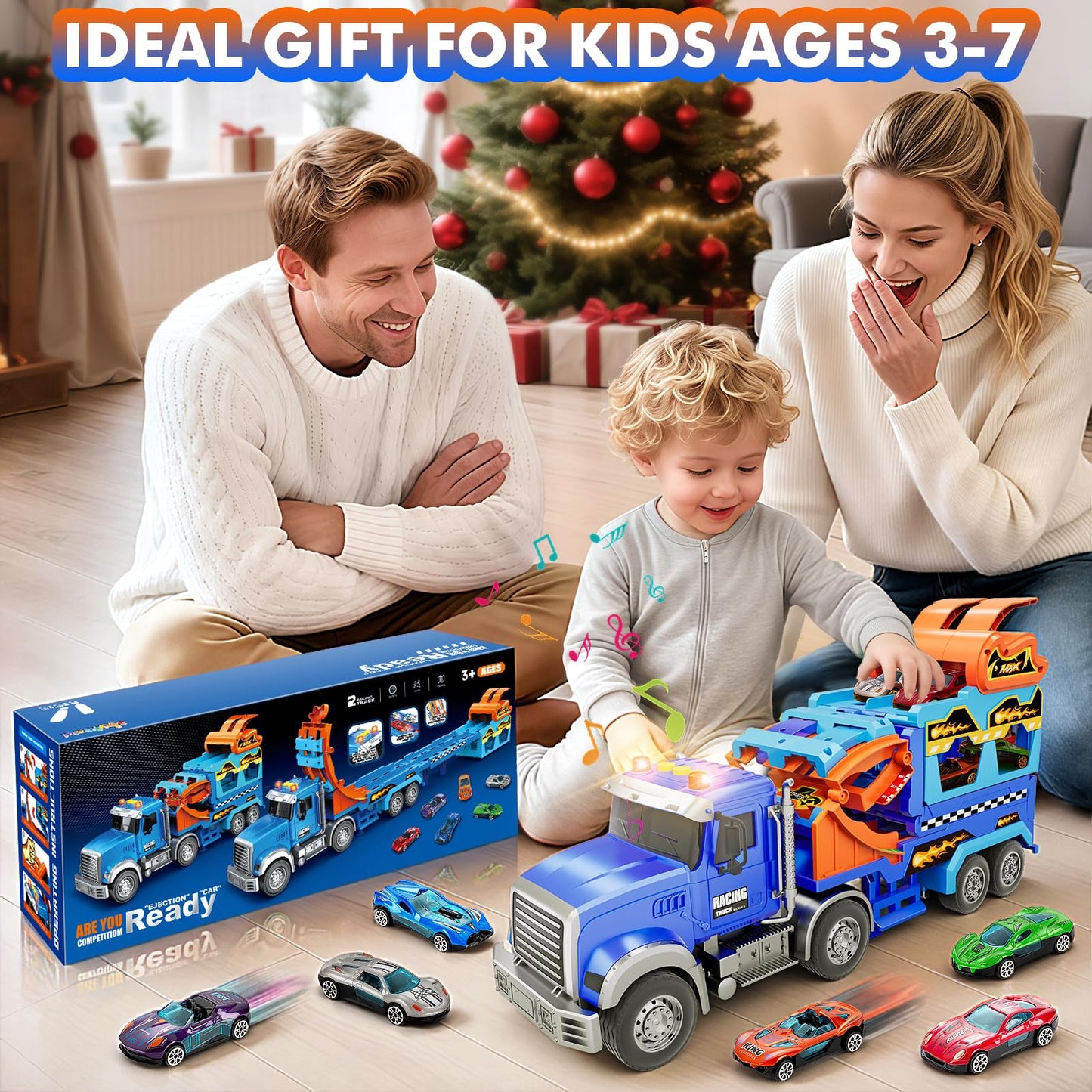 Kids Toys for 3 4 5 6 7 8 Years Old Boys, Carrier Truck Transport Car with Lights Sounds, Christmas Birthday Gift for Toddler, Foldable Layer Car Race Track Playset with Race Track, 6 Metal Toy Cars