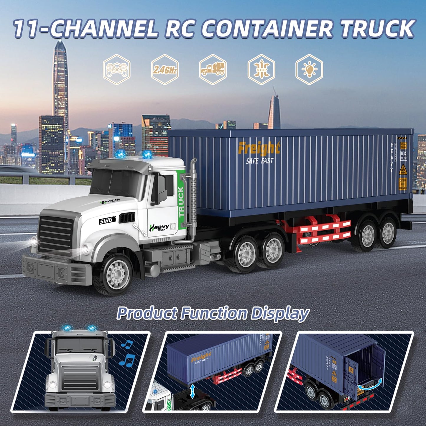 Mostop RC Semi Truck with Trailer, 23.6 Inch Remote Control Semi Truck Toy for Kids 3-8, 1:24 Scale Container Carrier Transport Vehicle with 2 Batteries, LED Lights & Sounds, Birthday Gift for Boys