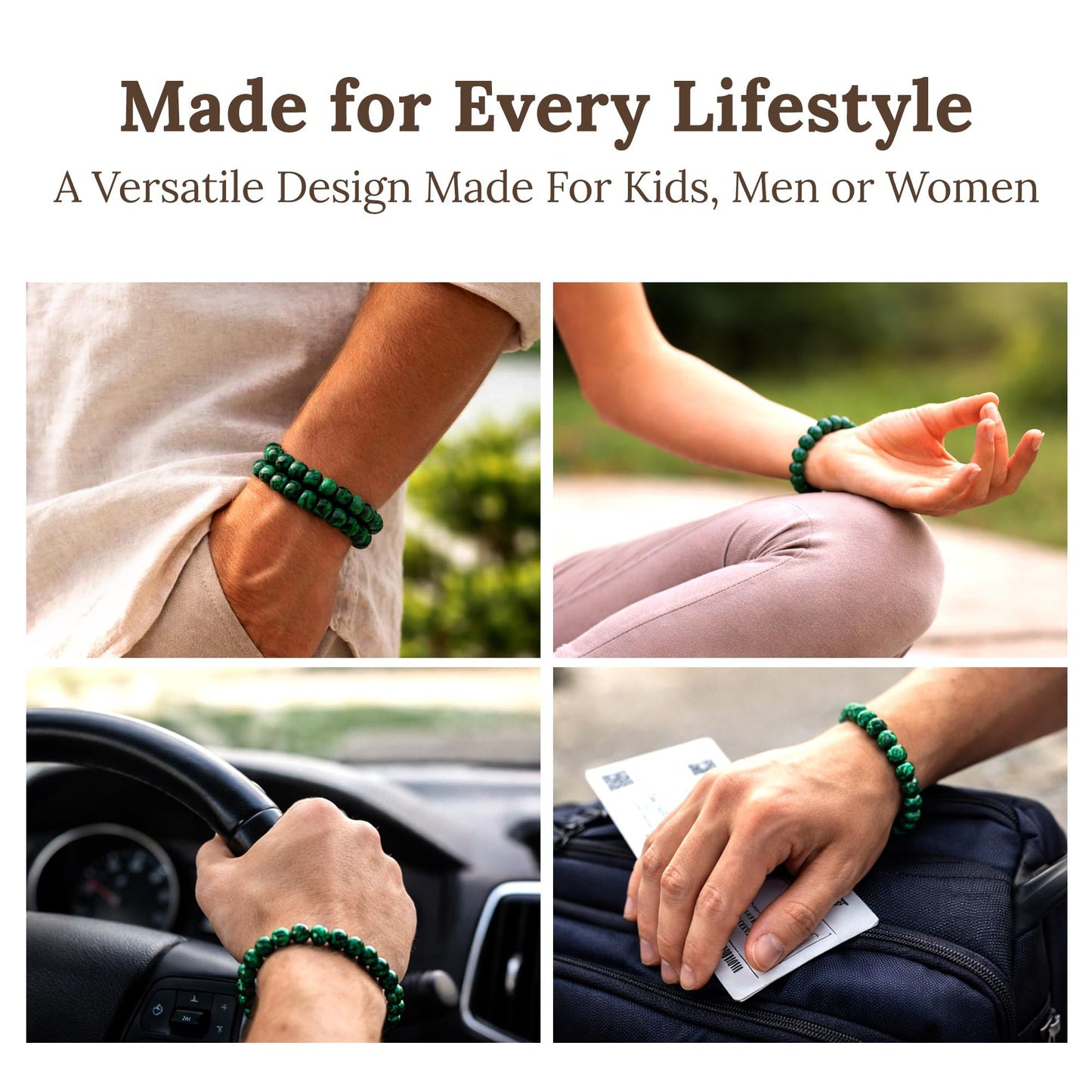 Elm City Direct 8mm Natural Stone Beaded Bracelet – Unisex Crystal Stretch Bracelets for Men & Women, Chakra & Healing Jewelry, Gift-Ready Beaded Bracelets (Malachite, 8mm)