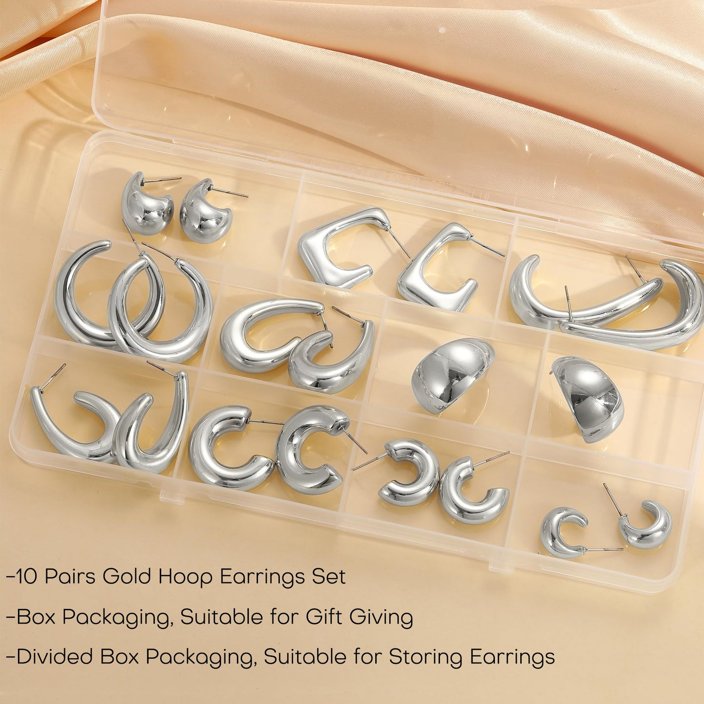 36 Pairs Gold Hoop Earrings Set for Women Multipack, Hypoallergenic Chunky Chain Twisted Hoop Earrings Pack, Fashion Dangle Earrings Jewelry for Gift (B-10Pairs Silver)