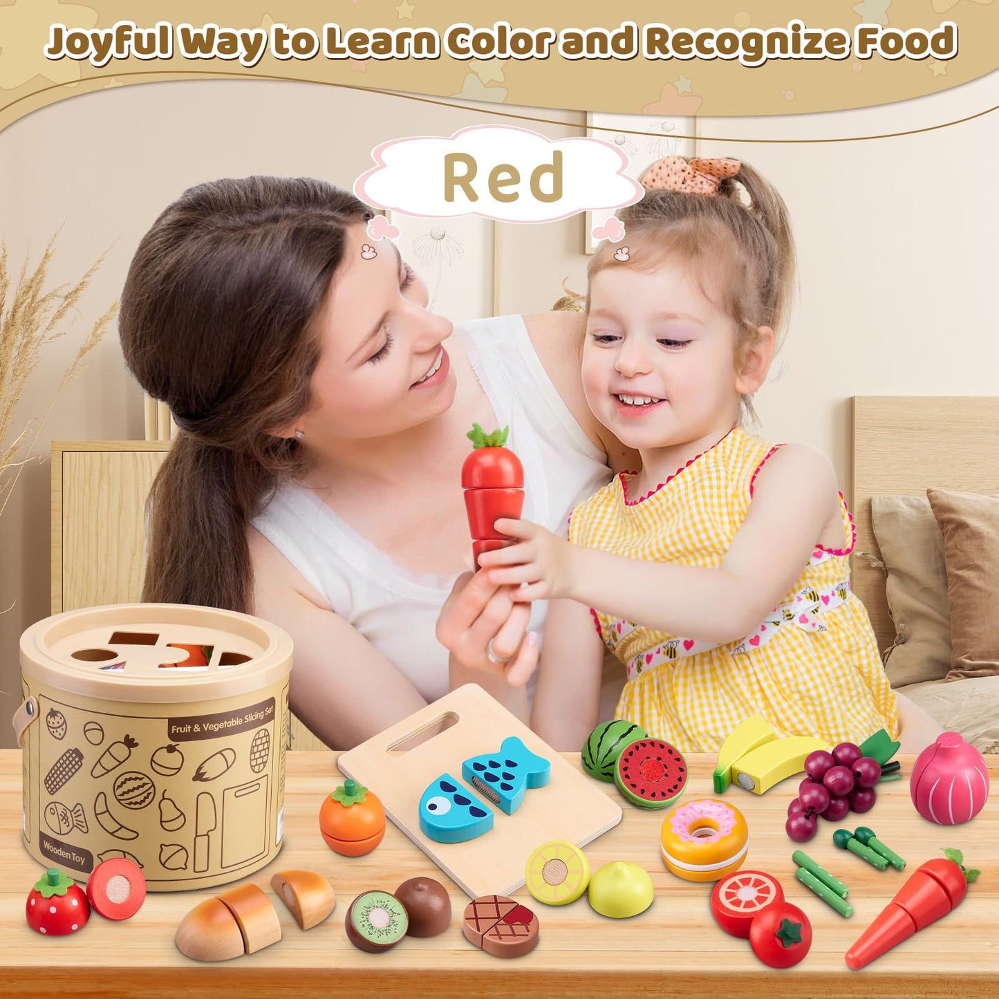 45 Pcs Wooden Pretend Play Food Set for Kids Kitchen - Realistic Cutting Fruits & Veggies with Easy-Cleanup Storage Bucket, Montessori Learning Toy Gift for Toddlers Ages 3-6
