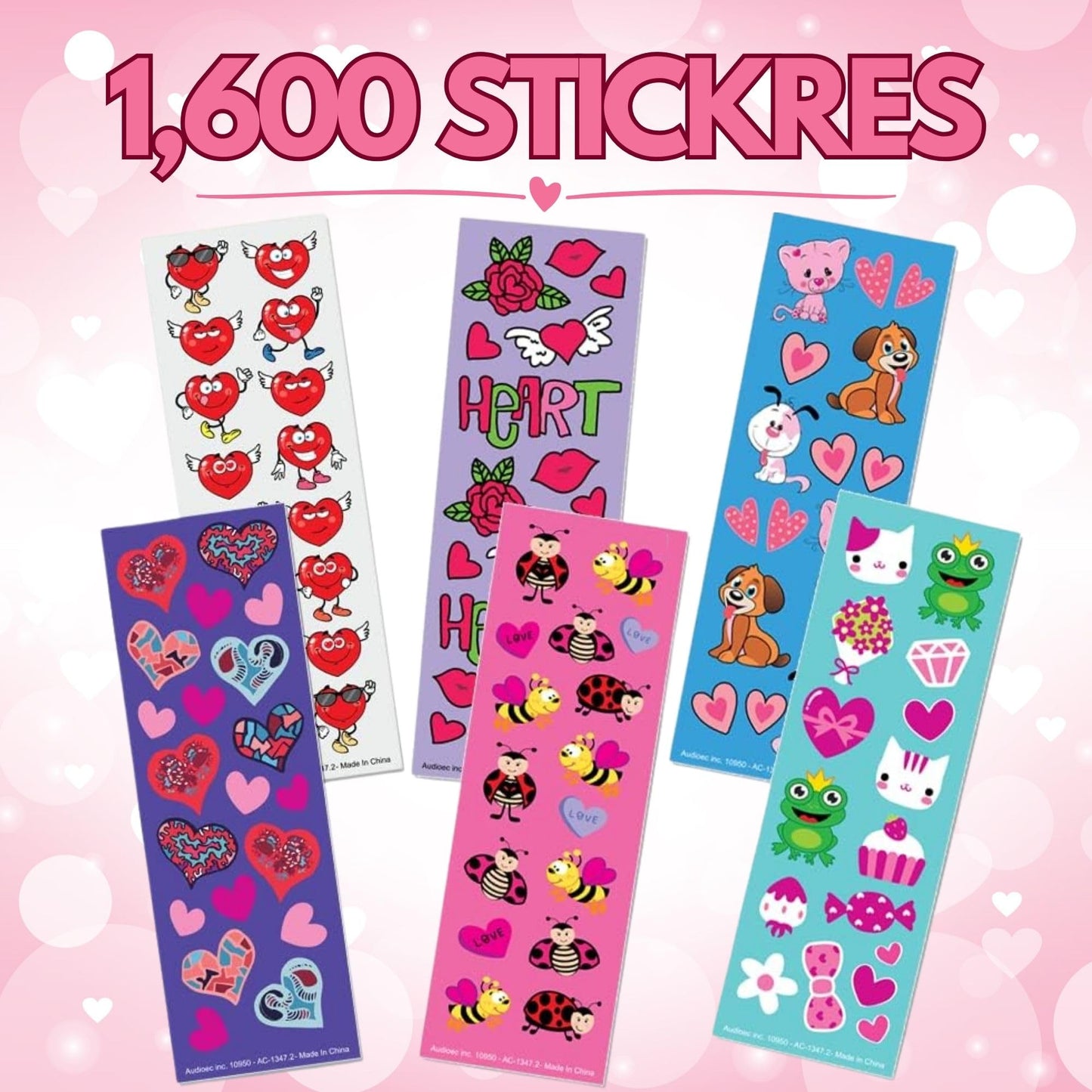 ArtCreativity 1600 Valentines Stickers for Kids, with 100 Sticker Sheets, Holiday Stickers and Treats Assortment, Valentines Party Favors for Boys, Girls, and Toddlers, Gift for Kids Ages 3 4 5 6 7 8