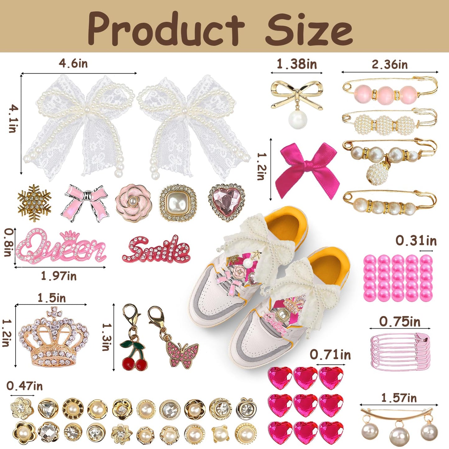 Molirex 80 Pcs Shoe Charms for Sneakers Women Junk Socks Charms Kit with Pearl Shoelace Gold Brooches and Pins, Rhinestone Pink Bows Charm Set
