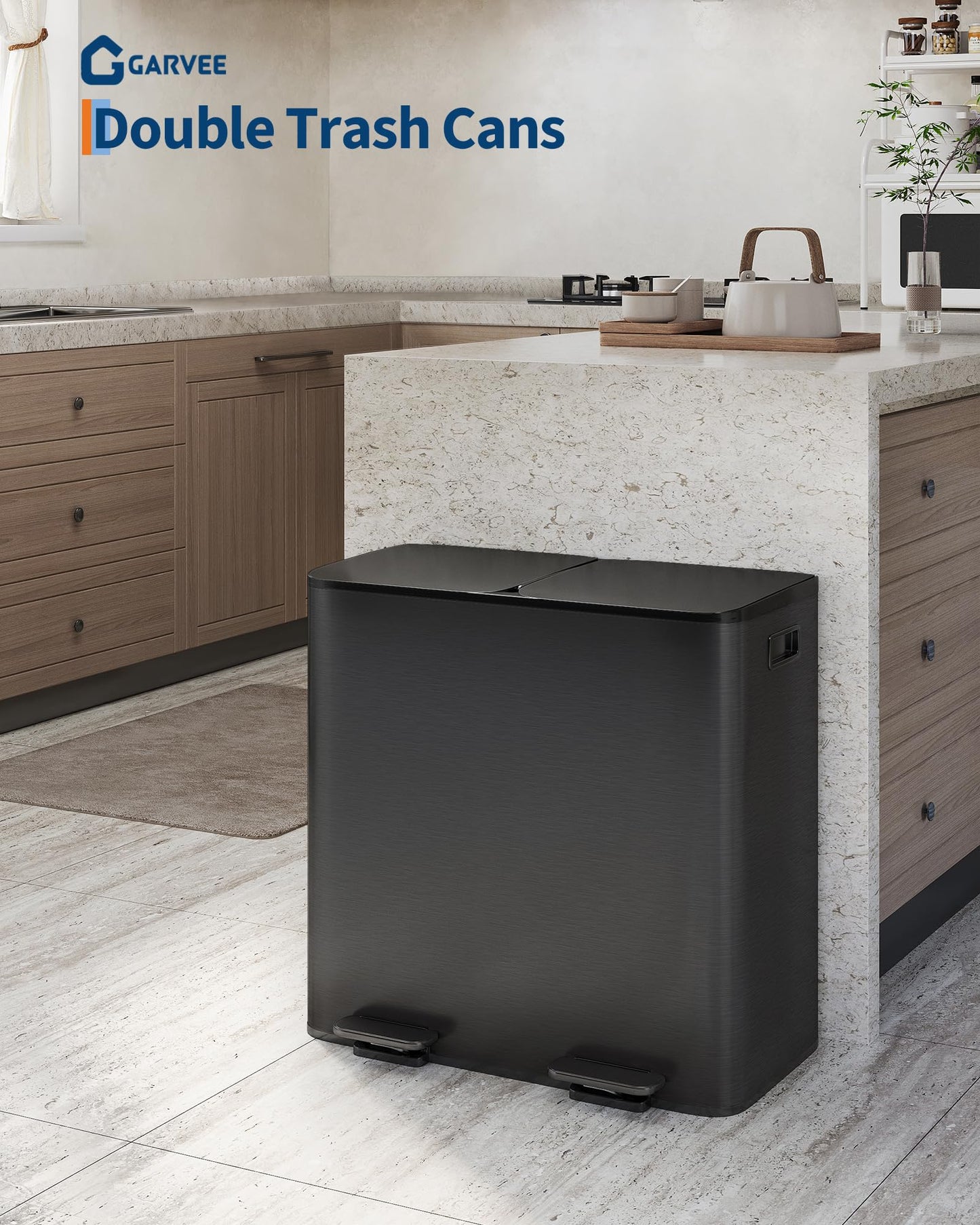 Garvee Trash Can, 2 x 10.6 gal (2 x 40 L) Garbage Can for Kitchen Dual Compartment Recycling Kitchen Step Trash Bin, Stainless Steel Trash and Recycle Bin Combo with Soft-Close Lid,Black