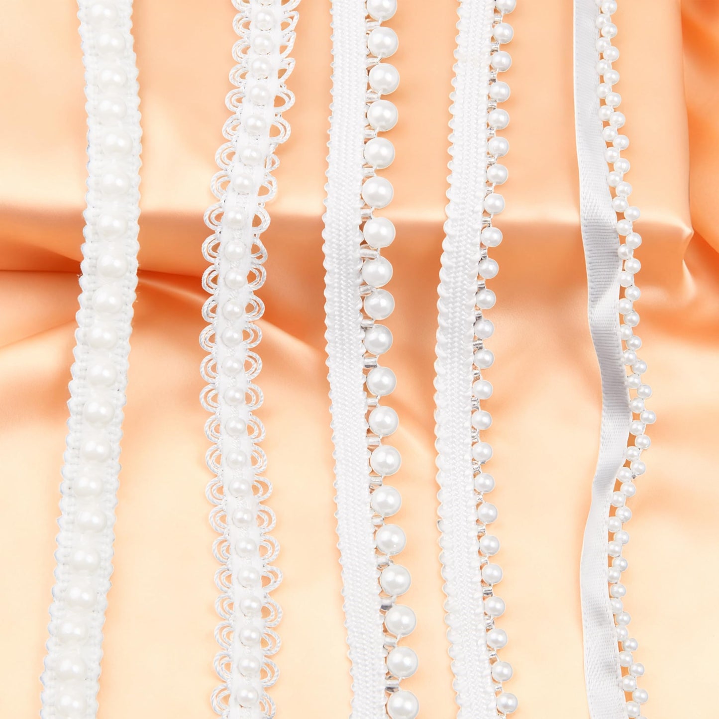 HLTOO 5 Yards Pearls Lace Ribbon Trim, White Beaded Fringe Trim Applique, for Sewing Clothing, Curtains, Wedding Decoration, Bridal Dress, Belt, Headwear, 5 Styles