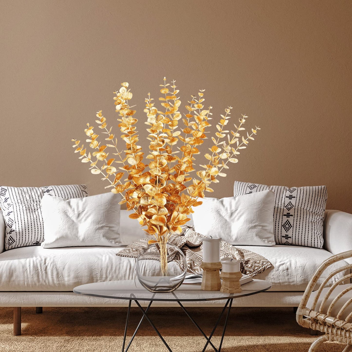 Waydress 12 Pieces Gold Eucalyptus Stem 16 Inch Artificial Eucalyptus Spray Fake Leave Decor Fall Faux Floral Arrangement Faux Flower for Wedding Party Bouquet Home Farmhouse Vase DIY Craft