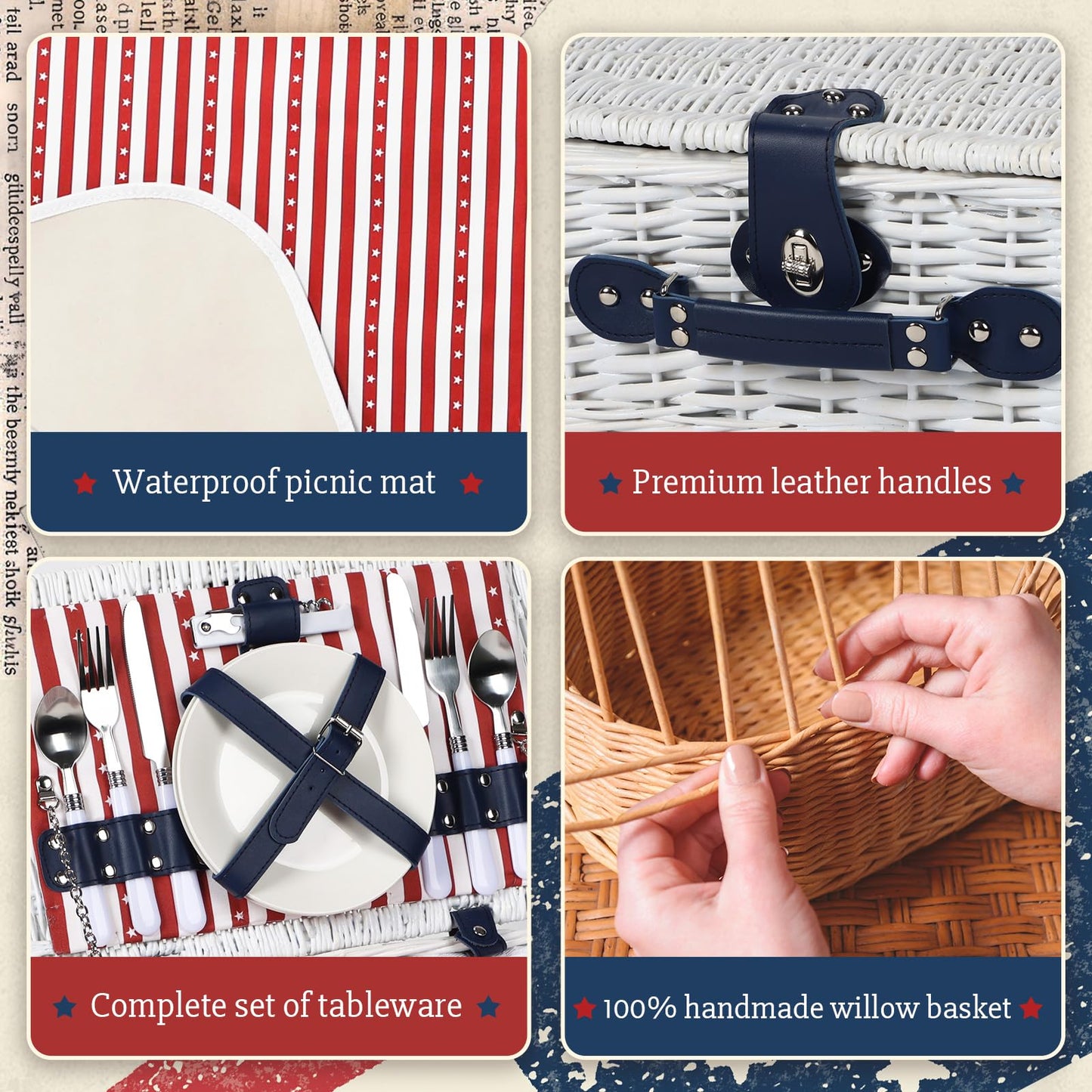 Wicker Picnic Basket for 2 with Waterproof Picnic Blanket and Insulated Bag, Patriotic Red White and Blue Star Pattern for Soccer Game, Camping, Travel, Birthday Gift, Wedding Gift