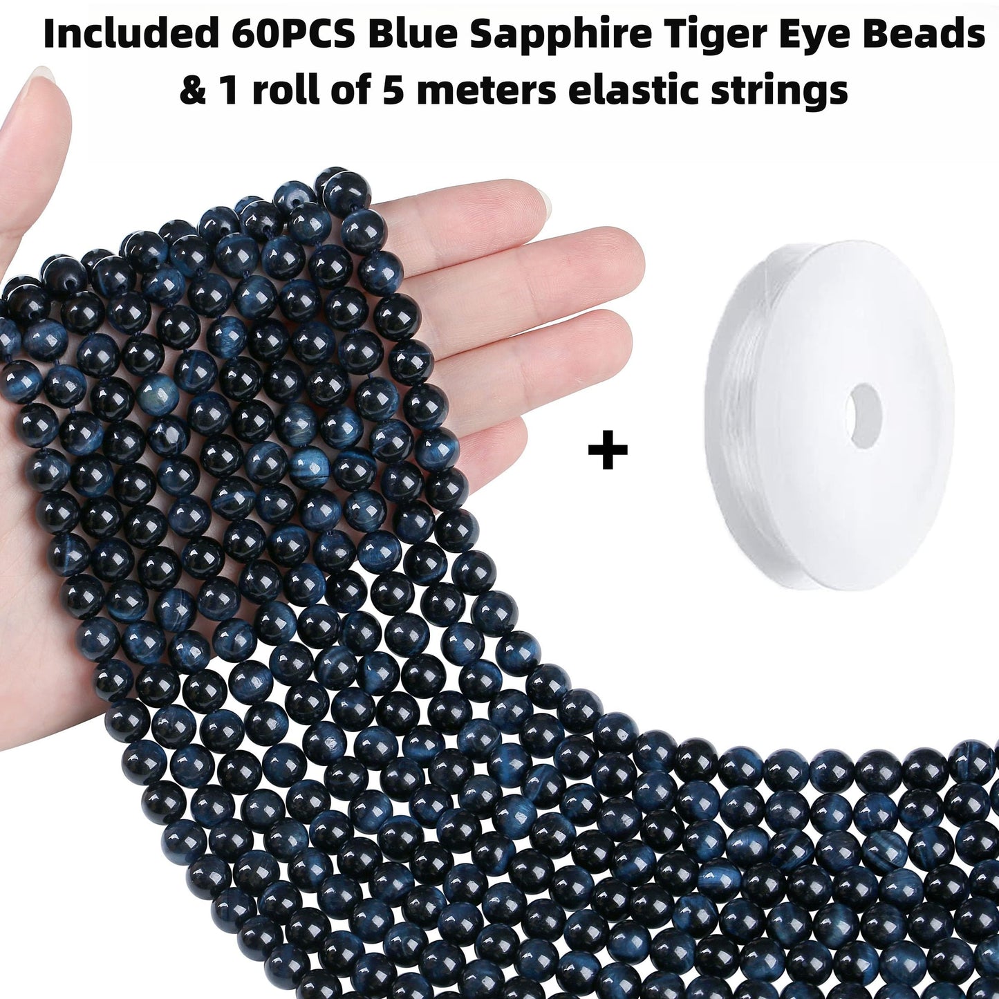 QINJIEJIE 60PCS Blue Sapphire Tiger Eye Beads 8mm Stone Beads Round Loose Gemstone Bead for Bracelet Beading Crystal Jewelry Making DIY Necklace Earrings 0.32"