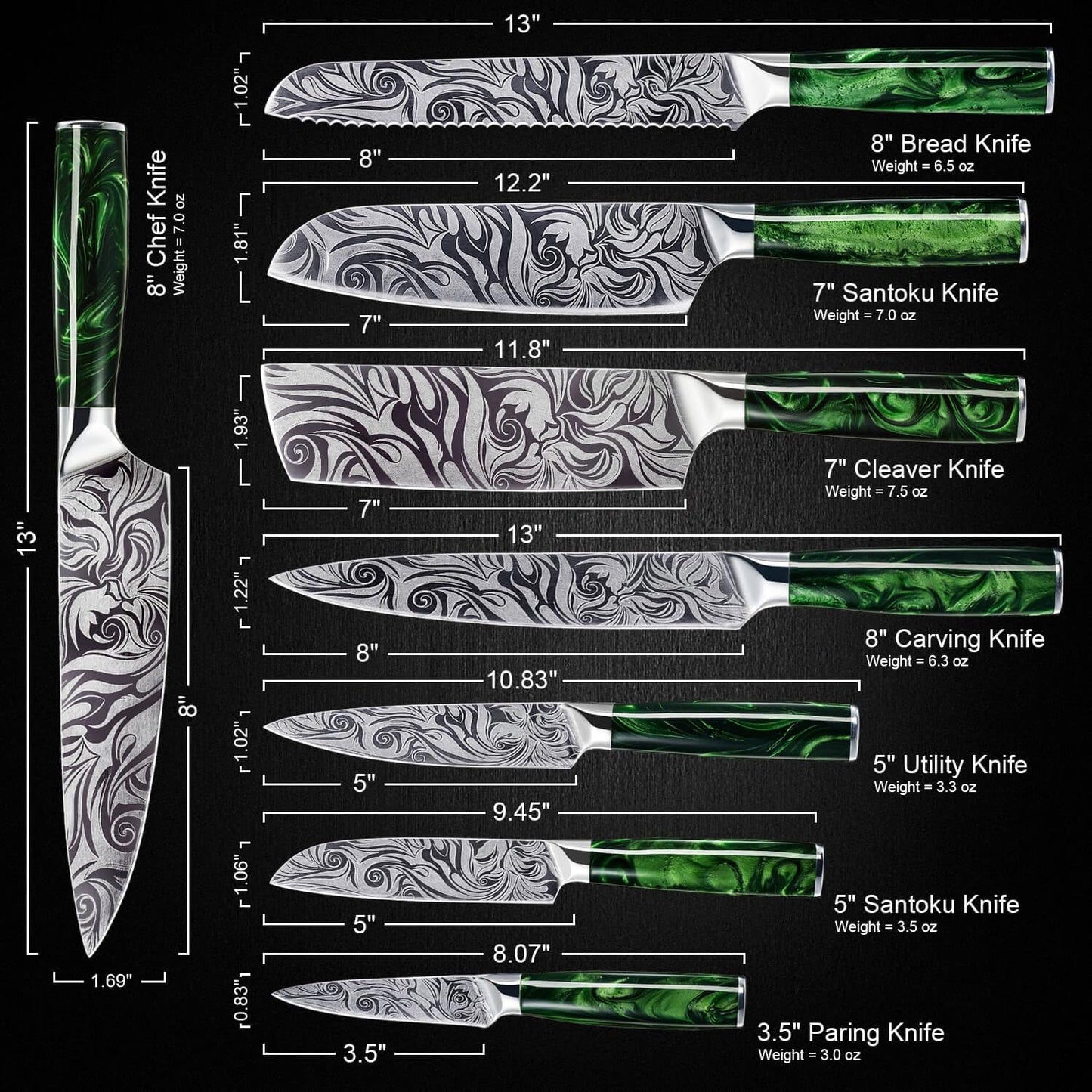 SENKEN 8-piece Engraved Japanese Kitchen Knife Set & Beautiful Green Resin Epoxy Handles - Wasabi Collection - Chef's Knife, Bread Knife, Cleaver Knife, Paring Knife, & More