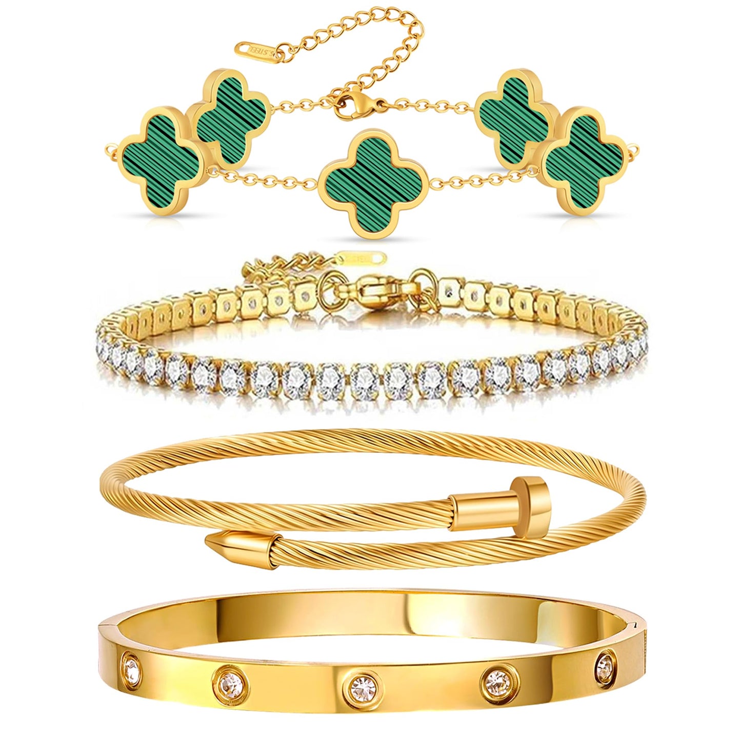 Gold Bracelets for Women, 18K Gold Plated Women Tennis Bracelets Clover Nail Love Bangle Bracelet Set, Gold Bracelet Stackable Set Trendy Jewelry, Gifts for Women's Day and Mother's Day (11-Color- 4 Green)