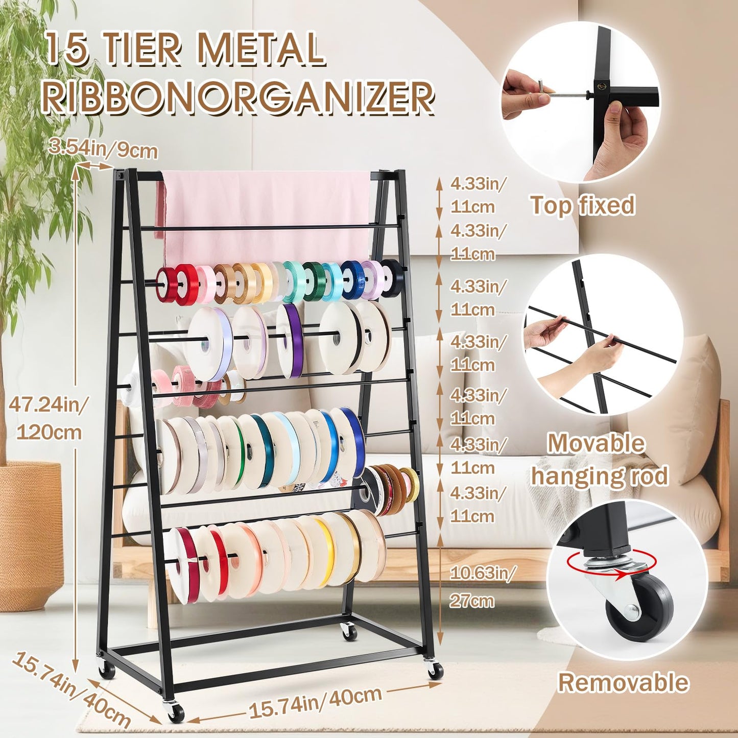 Menkxi 15 Tier Metal Ribbon Organizer Movable Ribbon Holder Wreath Crochet Rolls Holder Storage Organizer for Sewing Craft Cake Shop Flower Shop Store Gift Warping