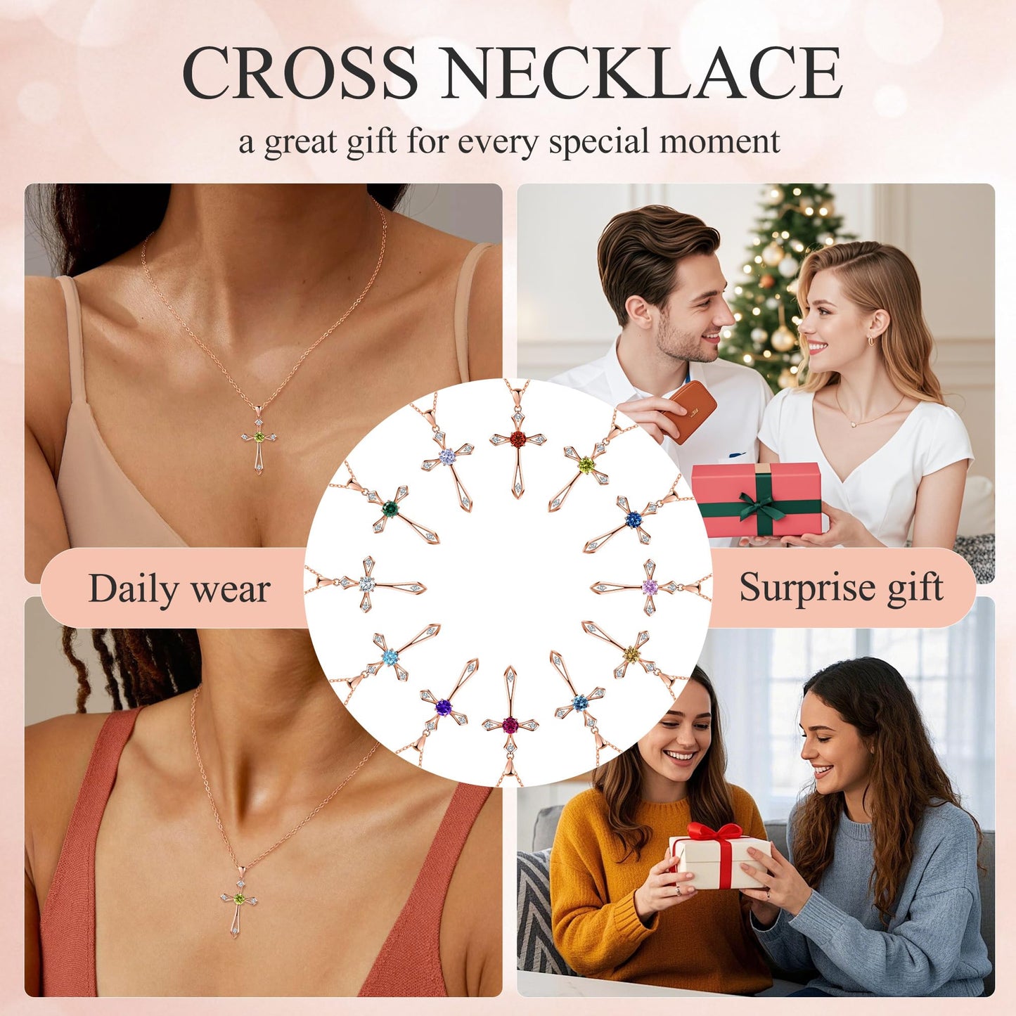 QUALISE Cross Necklace for Women,925 Sterling Silver Birthstone Necklace,Peridot-Augest Birthstone Cross Necklace,Faith Religious Fine Jewelry Valentines Day Gifts Birthday Holiday Gifts for Her