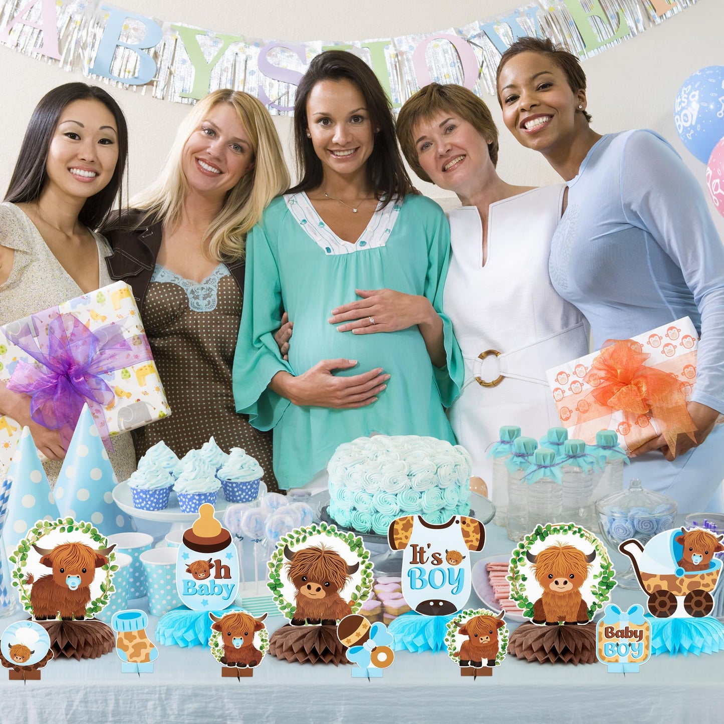 12Pcs Greenery Highland Cow Honeycomb Centerpieces Blue Highland Cattle Party Table Decoration It's a Boy Gender Reveal Cutout Welcome Baby Party Table Topper Photo Prop Decor