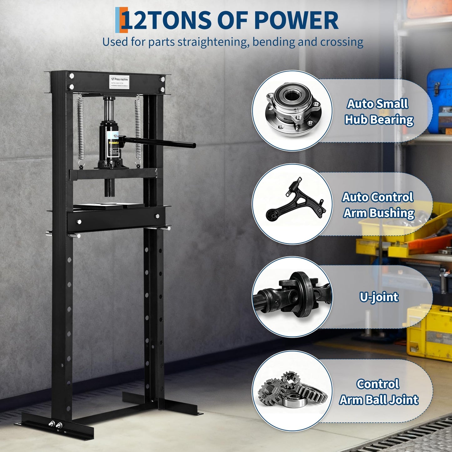 Garvee 12T Hydraulic Press, H-Frame Hydraulic Shop Press with 2 Press Plates, Heavy Duty Garage Floor Shop Press with Adjustable Work Table Height for U-Joints, Black