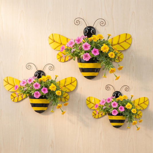 VinSees 3 Pcs 20 Inch Metal Bee Wall Pocket Planter, Rustic Decorative Wall Hanging Planter for Indoor & Outdoor, Flower Plant Pot for Garden Yard Patio Balcony & Fence, Black & Yellow, Set of 3
