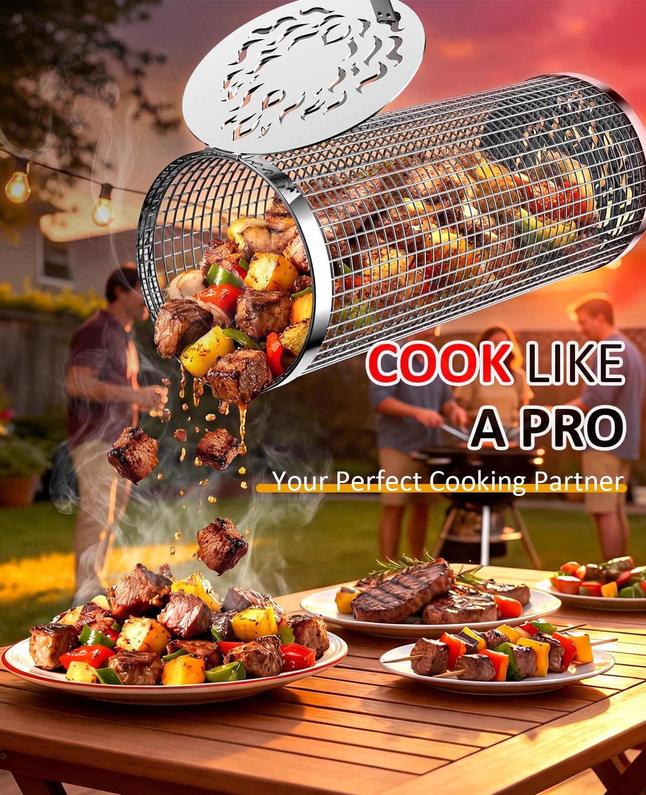 Rolling Grill Basket, Removable Wooden Handle, 304 Stainless Steel, Nesting BBQ Tools for Vegetable, Outdoor Smoker Camping Accessories, Father's Day Gifts Birthday Gift for Men Dad Husband