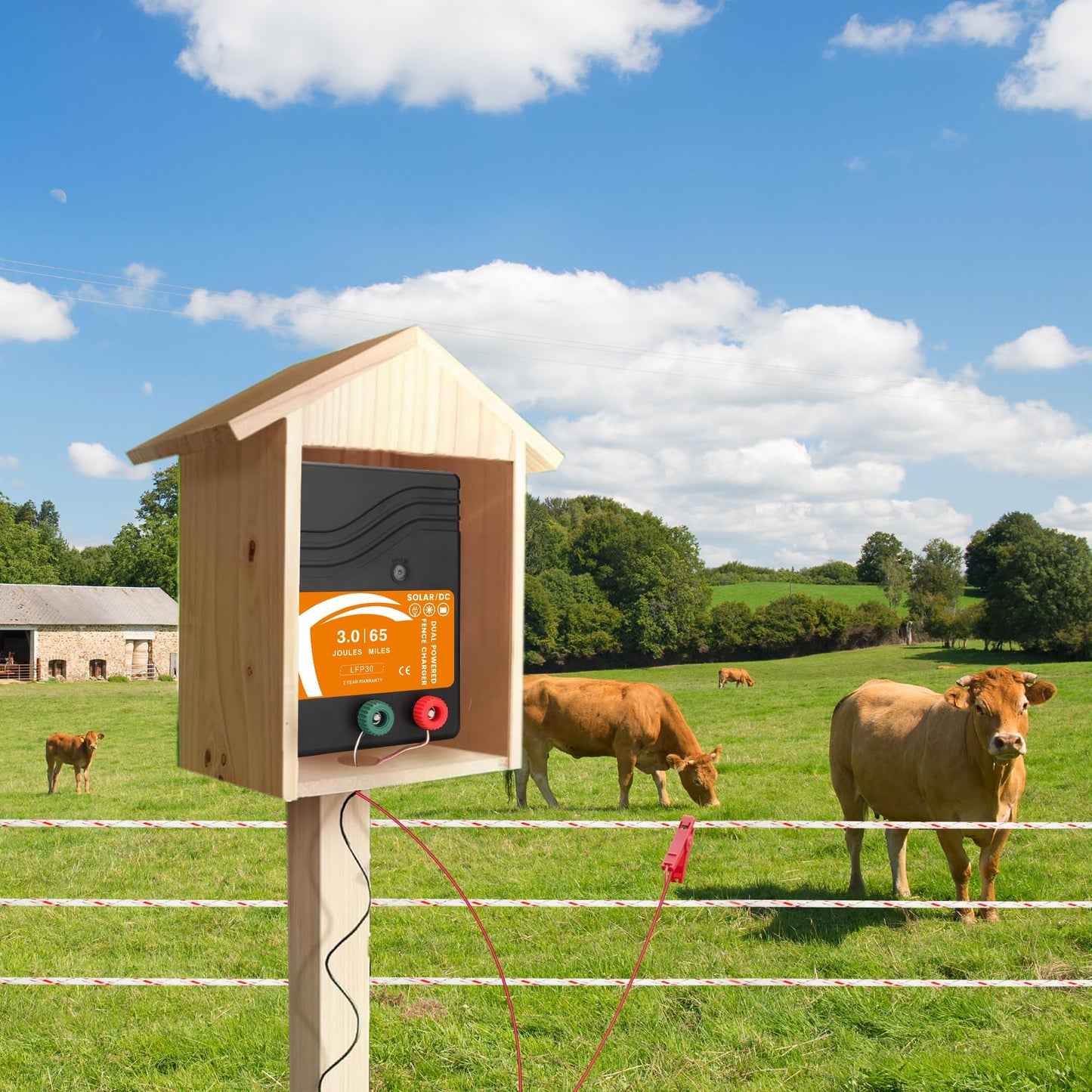 Electric Fence Charger 3 Joule AC DC Solar Powered 65 Miles 200 Acres, Output Voltage Max 10.4 kV, No Adapter Included, for Livestock, Preventing Predators from Intruding
