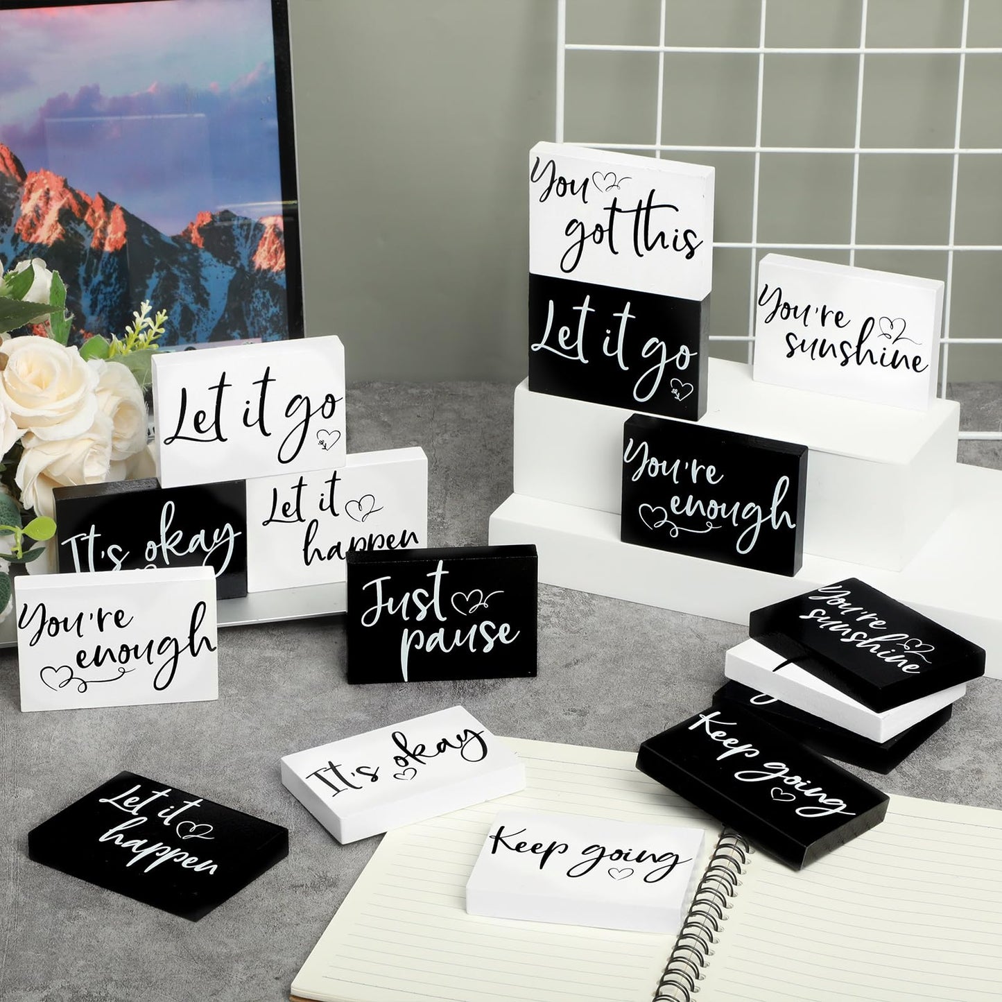 Novabright 16 Pcs Mental Health Desk Decor Mini Mental Health Table Signs Bulk Inspirational Office Desk Decor Positive Motivational Gifts Coffee Corner Decorations for Classroom Bedroom(White,Black)