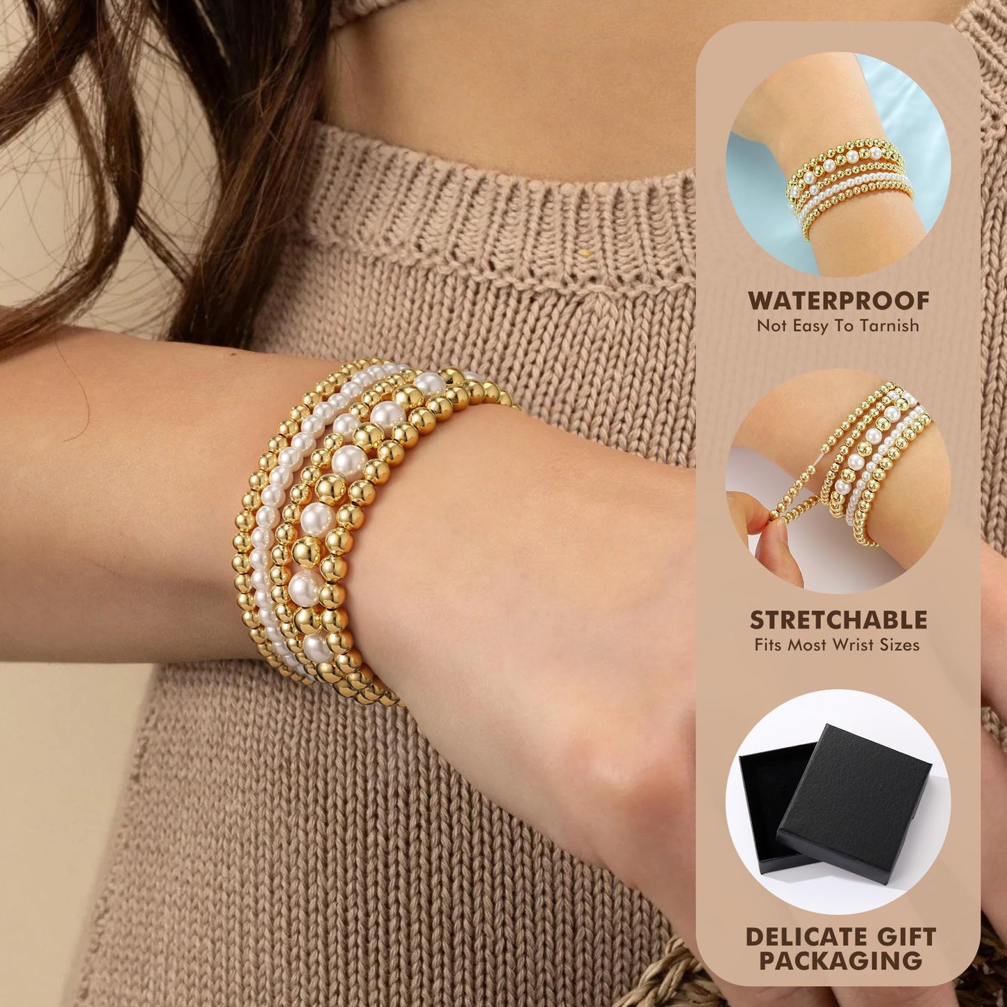 Yoosteel Gold Beaded Bracelets Set for Women - 14k Gold Plated Dainty Round Beaded Strip Bracelet for Women Simplicity Stackable Jewelry Gifts（5 Pcs）