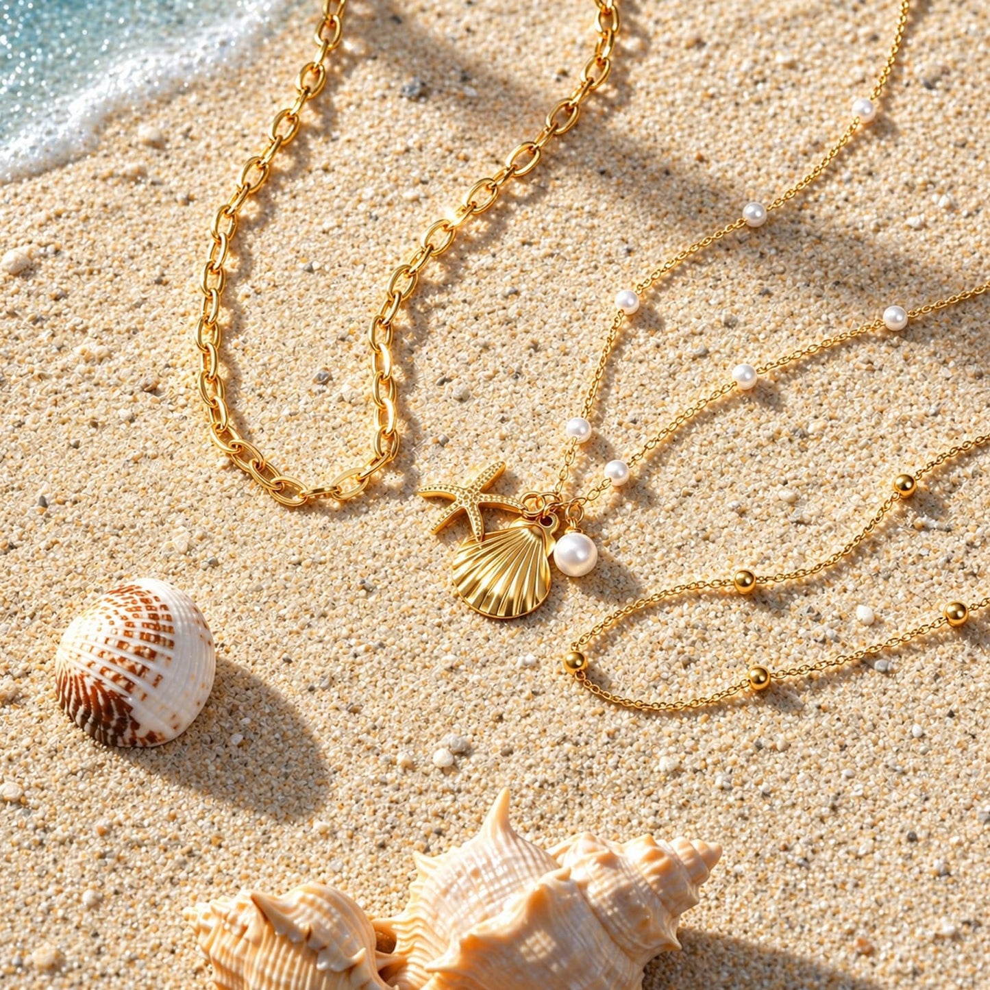 Seashell Necklace Beach Starfish Layered Necklaces for Women Non Tarnish Waterproof Gold Necklace Stack Dainty Paperclip Cute Shell Pearl Pendant Ocean Charm Trendy Summer Beach Vacation Jewelry Gift (3pcs Starfish&Shell&Pearl)
