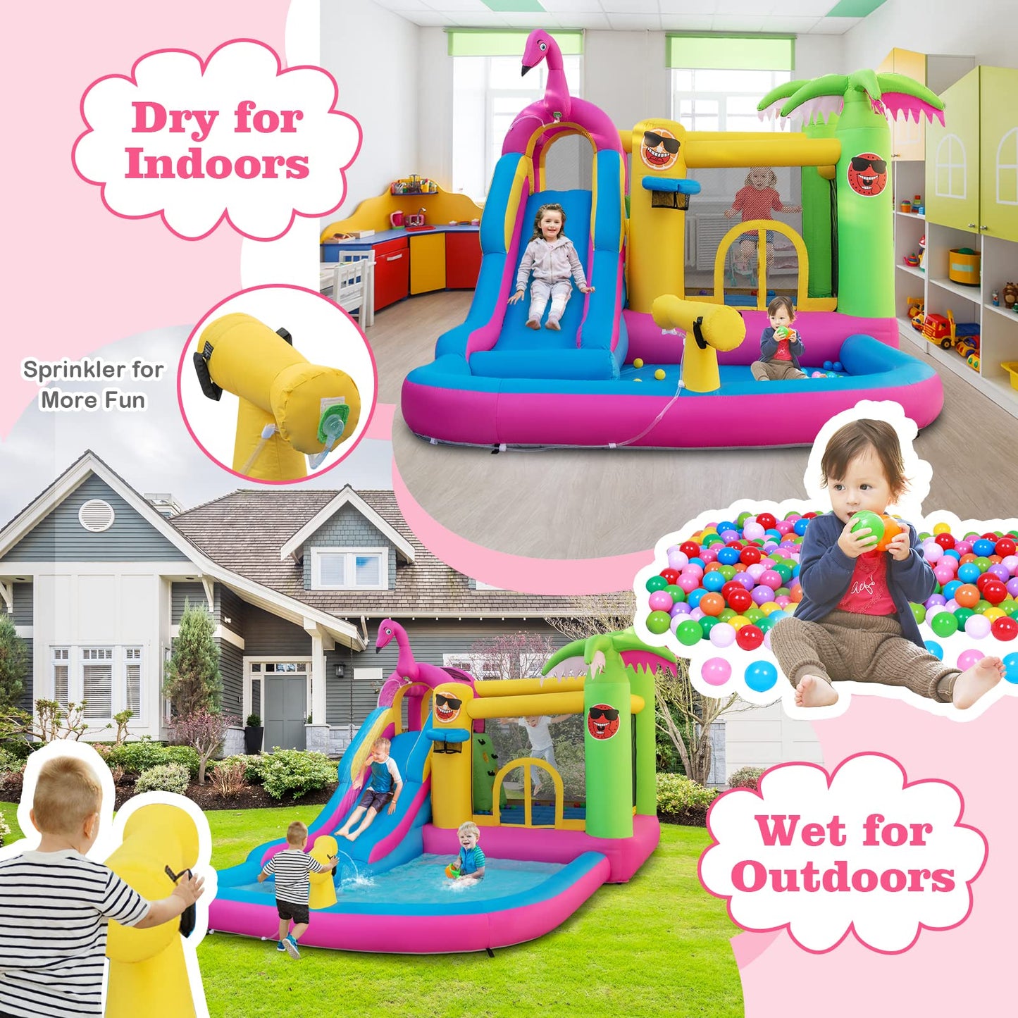 HONEY JOY Inflatable Water Slide, Giant Water Bounce House Park w/Climbing Wall & Splash Pool, Outdoor Blow up Water Slides Inflatables for Kids and Adults Backyard(with 735w Blower)