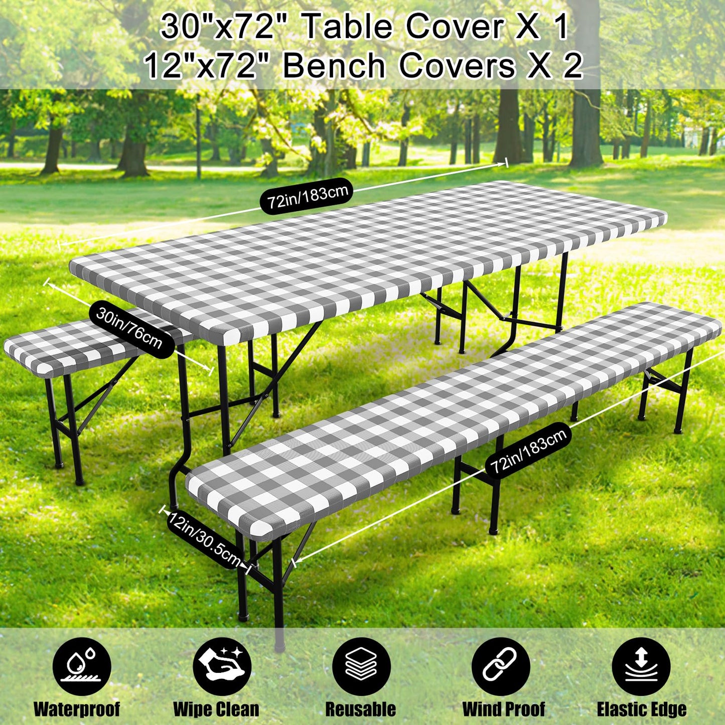 Smiry Picnic Table Cover with Bench Covers, Waterproof Elastic Fitted Tablecloths for 6 Foot Rectangle Tables, Washable Buffalo Plaid Tablecloth for Camping, Outdoor (Grey & White, 30"x72")