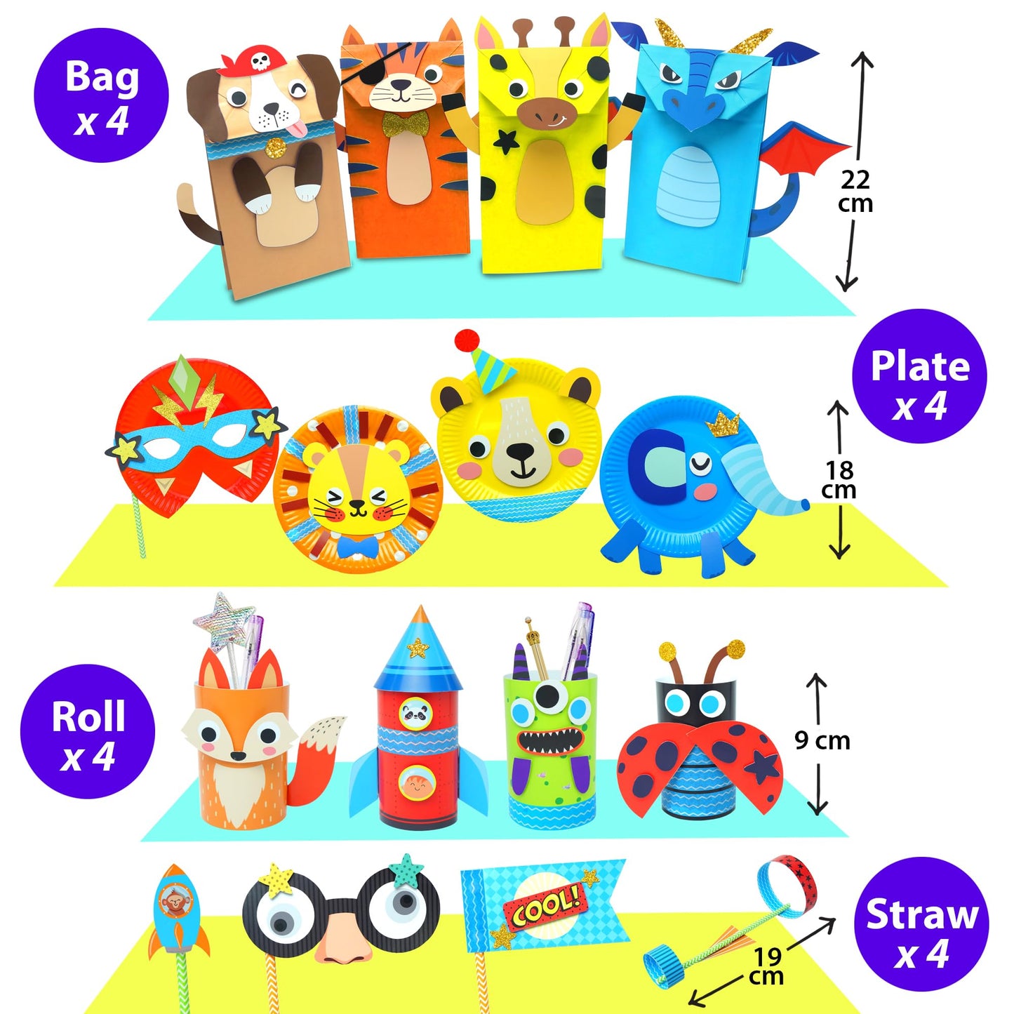 KRAFUN My First Safari Animal Paper Craft Kit for Kids Age 3+, 16 DIY Arts & Crafts Projects, Paper Bags Plates Rolls, Activity Set for Boys Girls with Lion Tiger Giraffe Elephant