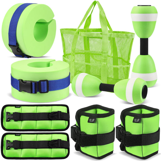 Teyva Daily 7 Pcs Aquatic Exercise Set Water Aerobics Set Including 2 Ankle/Wrist Weights for Land or Water 2 Exercise Foam Dumbbells Cuffs Large Mesh Beach Bag for Pool Weight Loss (Green)